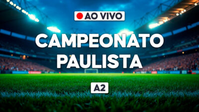 Gramado de futebol em foco, fundo com arquibancada e refletores, selo Ao Vivo no topo, texto central Campeonato Paulista e abaixo a sigla A2 em branco