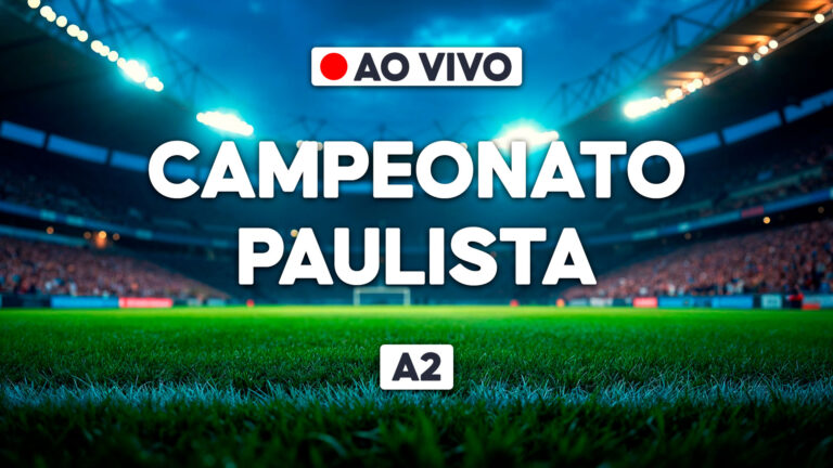Gramado de futebol em foco, fundo com arquibancada e refletores, selo Ao Vivo no topo, texto central Campeonato Paulista e abaixo a sigla A2 em branco