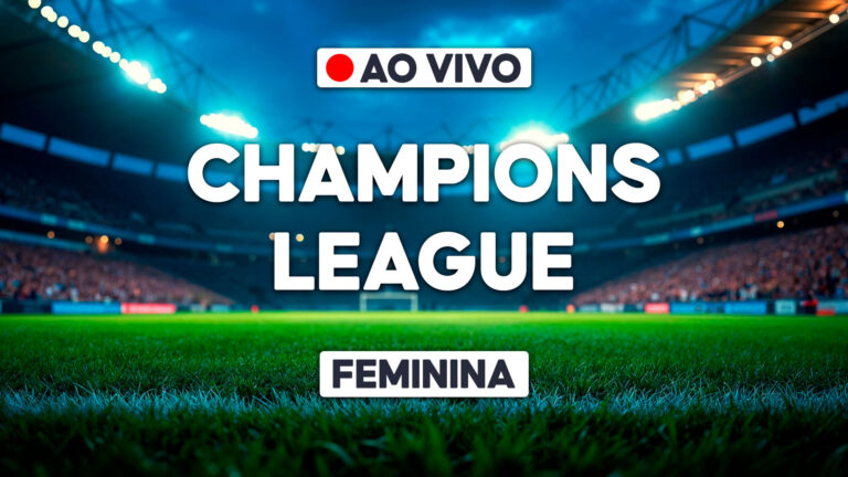 Arte de transmissão com texto Champions League Feminina e indicação ao vivo sobre estádio iluminado com torcida ao fundo