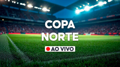 Arte com texto Copa Norte em destaque sobre campo de futebol iluminado com arquibancadas ao fundo e selo ao vivo na parte inferior