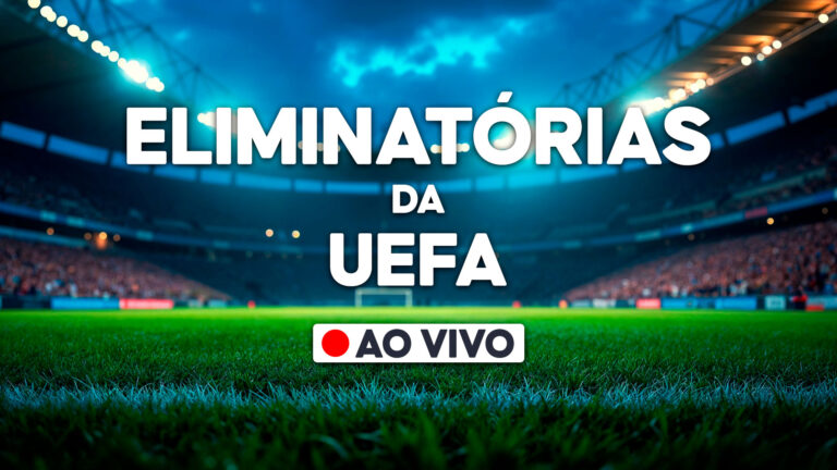 Arte com texto Eliminatórias da UEFA e selo ao vivo sobre estádio de futebol iluminado com gramado em destaque e torcida ao fundo