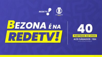 Logotipos da RedeTV e Brasileirão Série B sobre fundo azul com texto Bezona é na RedeTV, 40 partidas ao vivo aos sábados, 16h, futebol nacional