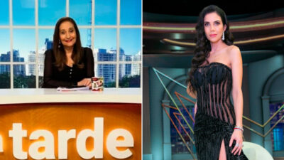 Sonia Abrão na bancada do A Tarde é Sua e Daniela Albuquerque de vestido preto transparente em montagem lado a lado com cenários da RedeTV! ao fundo