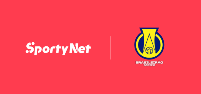 Logotipo da plataforma SportyNet em branco ao lado do escudo oficial do Campeonato Brasileiro Série B, centralizados sobre um fundo vermelho vivo