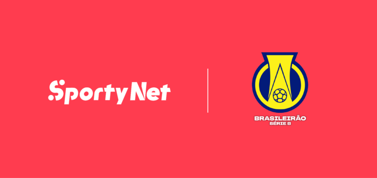 Logotipo da plataforma SportyNet em branco ao lado do escudo oficial do Campeonato Brasileiro Série B, centralizados sobre um fundo vermelho vivo