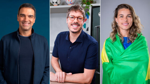Tadeu Schmidt de jaqueta azul, Fabio Porchat sorridente com óculos de grau e Tamires enrolada na bandeira do Brasil em montagem de três fotos verticais