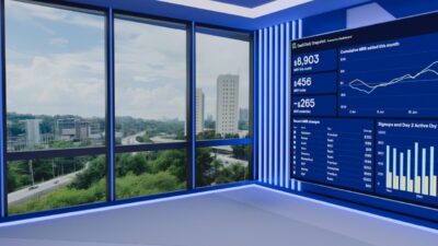 Estúdio do Times Brasil | CNBC com painel central vazio cercado por telas laterais com gráficos financeiros e logotipo da emissora em destaque