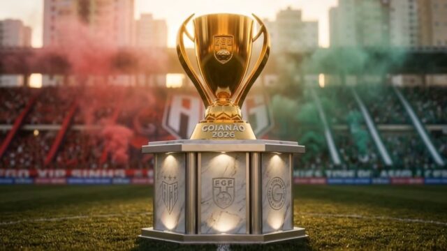 Troféu dourado do Goianão 2026 sobre base de mármore no centro do gramado, com fumaça colorida, torcidas e prédios ao fundo em animação de IA