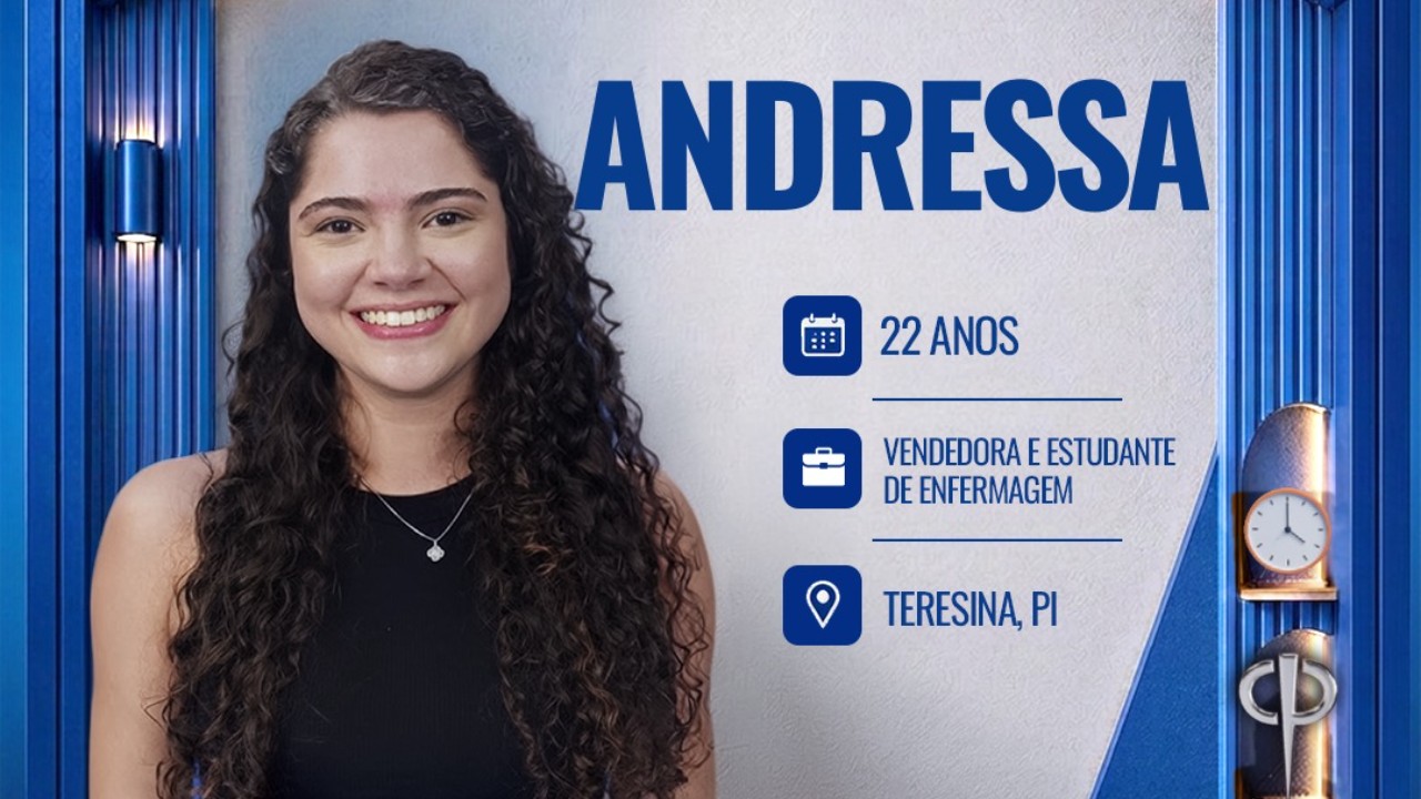 Andressa sorri em card do reality Casa do Patrão com informações 22 anos vendedora e estudante de enfermagem de Teresina PI