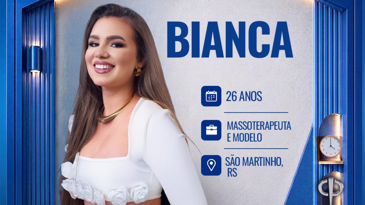 Bianca sorri em card do reality Casa do Patrão com informações 26 anos massoterapeuta e modelo de São Martinho RS