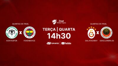 Arte promocional da Copa da Turquia mostra confrontos Konyaspor x Fenerbahçe e Galatasaray x Gençlerbirliği com horário 14h30 e transmissão da JP Esportes e YouTube