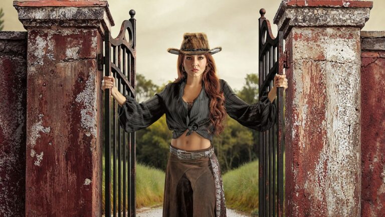 Domênica Montero (Angelique Boyer) segura portões abertos em cenário rural usando chapéu e roupa de estilo western
