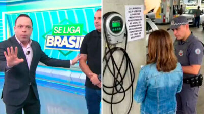 Thiago Gardinali gesticula no estúdio do Se Liga Brasil ao lado do Delegado Palumbo e cena mostra policial abordando mulher em posto de combustível