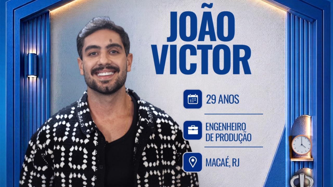 João Victor sorri em card do reality Casa do Patrão com informações 29 anos engenheiro de produção de Macaé RJ
