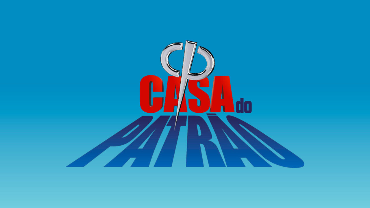 Logotipo do programa Casa do Patrão com tesoura estilizada sobre o título em fundo azul