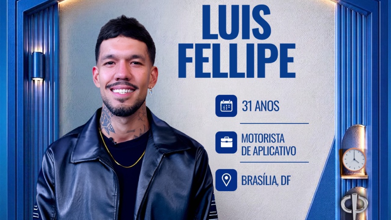 Luis Fellipe sorri em card do reality Casa do Patrão com informações 31 anos motorista de aplicativo de Brasília DF