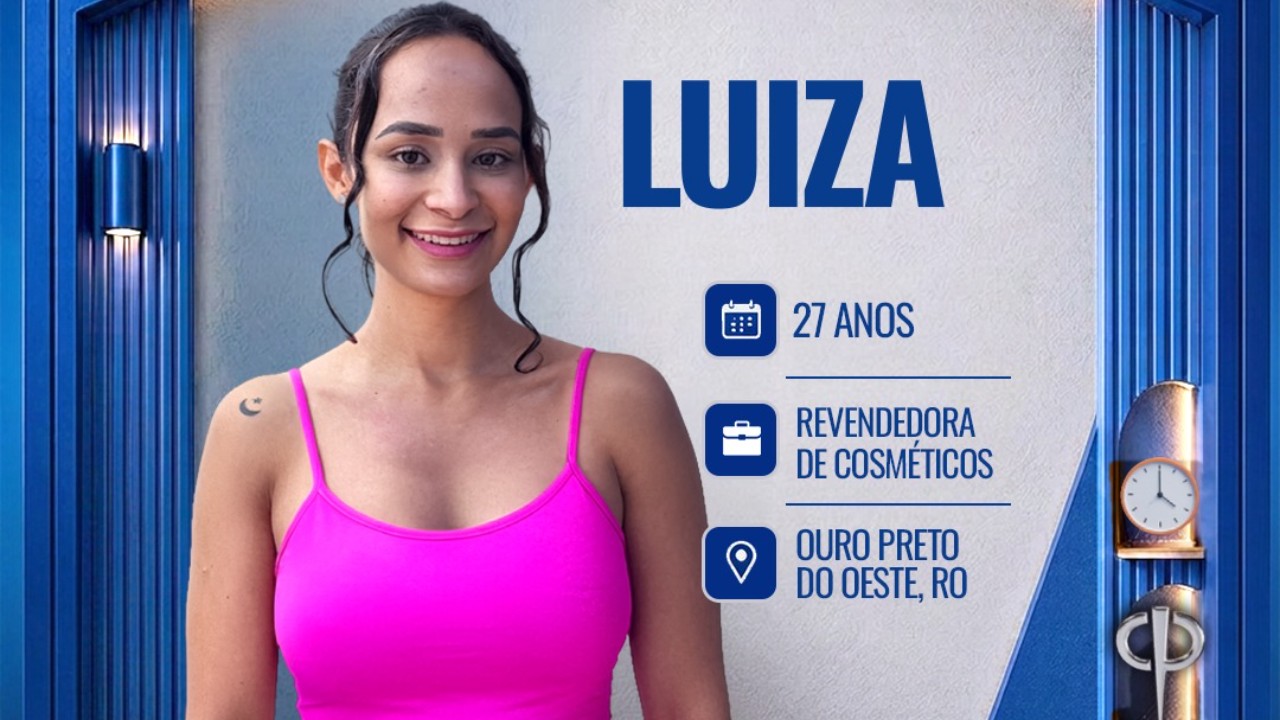 Luiza sorri em card do reality Casa do Patrão com informações 27 anos revendedora de cosméticos de Ouro Preto do Oeste RO