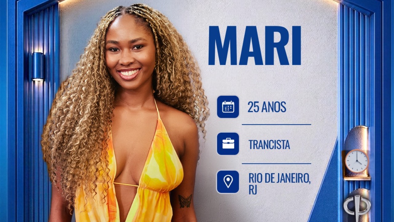 Mari sorri em card do reality Casa do Patrão com informações 25 anos trancista do Rio de Janeiro RJ