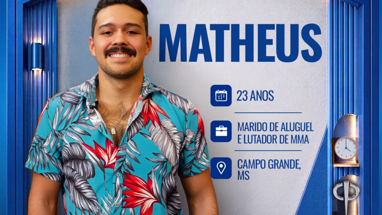 Matheus sorri com camisa estampada em card do reality Casa do Patrão com informações 23 anos lutador de MMA e Campo Grande MS