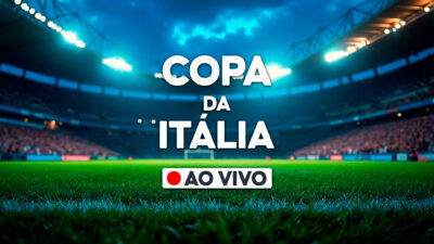 Arte da Copa da Itália mostra estádio de futebol iluminado com gramado em destaque e texto Copa da Itália ao vivo no centro