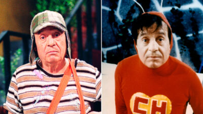 Roberto Gómez Bolaños como Chaves com roupa listrada e gorro e como Chapolin com traje vermelho em montagem lado a lado