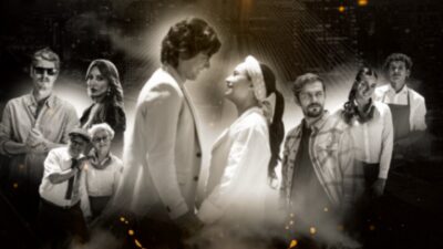 Montagem em preto e branco com personagens da novela Sabor de Família reunidos em diferentes poses com casal ao centro em destaque romântico e outros núcleos ao redor com fundo urbano iluminado