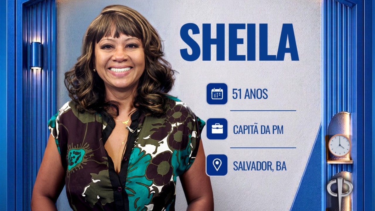 Sheila sorri em card do reality Casa do Patrão com informações 51 anos capitã da PM de Salvador BA