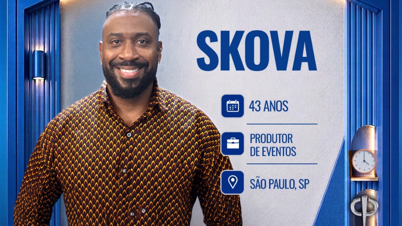 Skova sorri em card do reality Casa do Patrão com informações 43 anos produtor de eventos de São Paulo SP