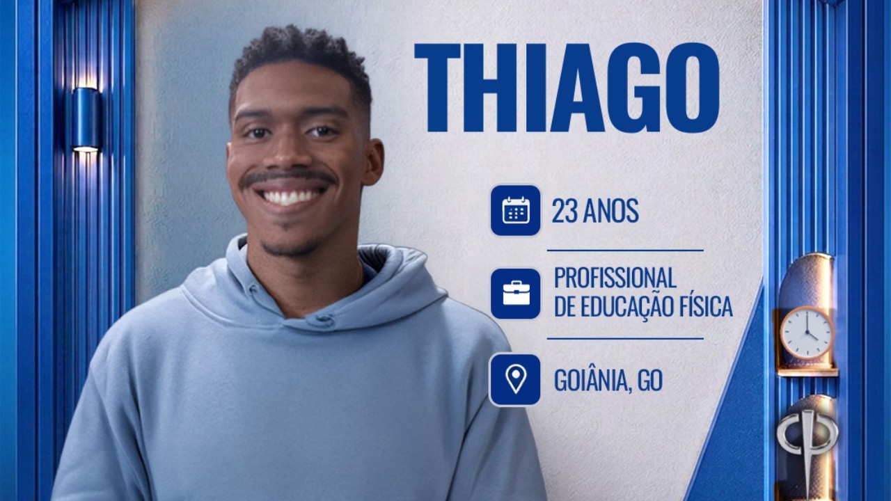 Thiago sorri em card do reality Casa do Patrão com informações 23 anos profissional de educação física de Goiânia GO