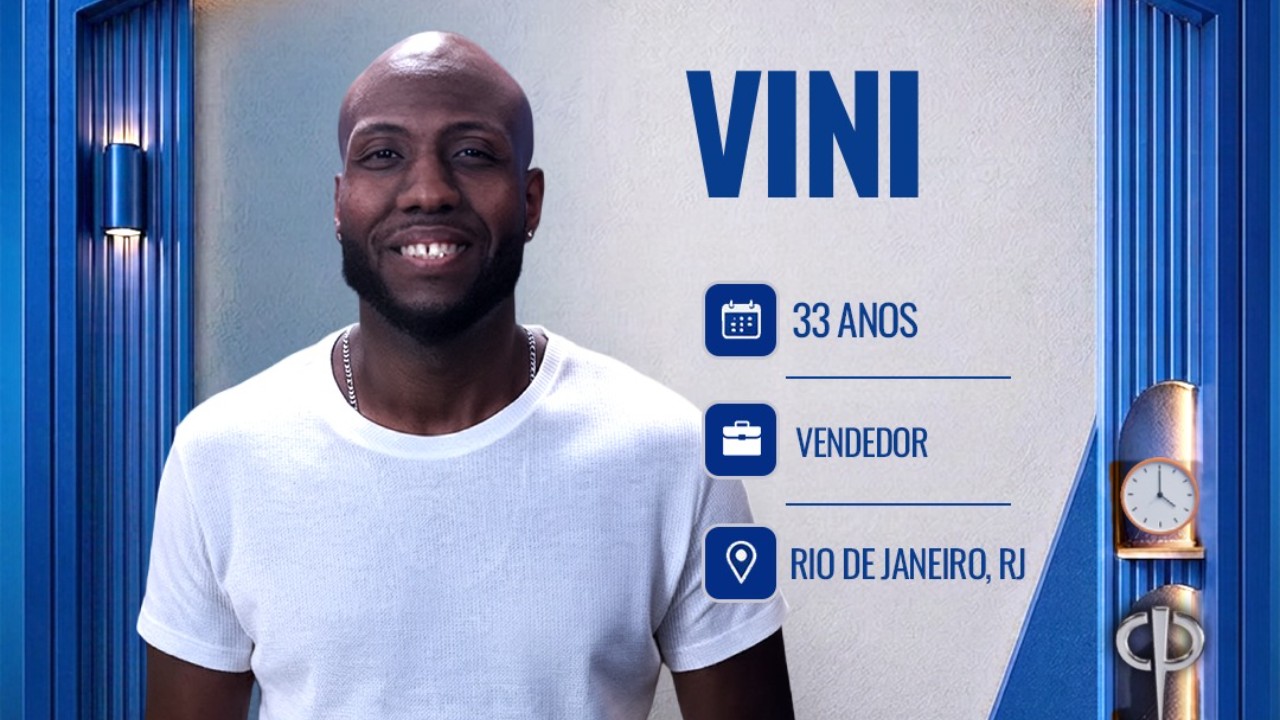 Vini sorri em card do reality Casa do Patrão com informações 33 anos vendedor do Rio de Janeiro RJ