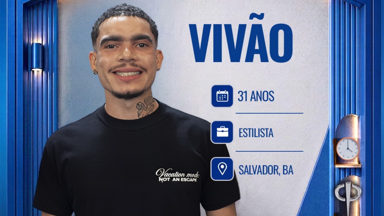 Vivão sorri em card do reality Casa do Patrão com informações 31 anos estilista de Salvador BA