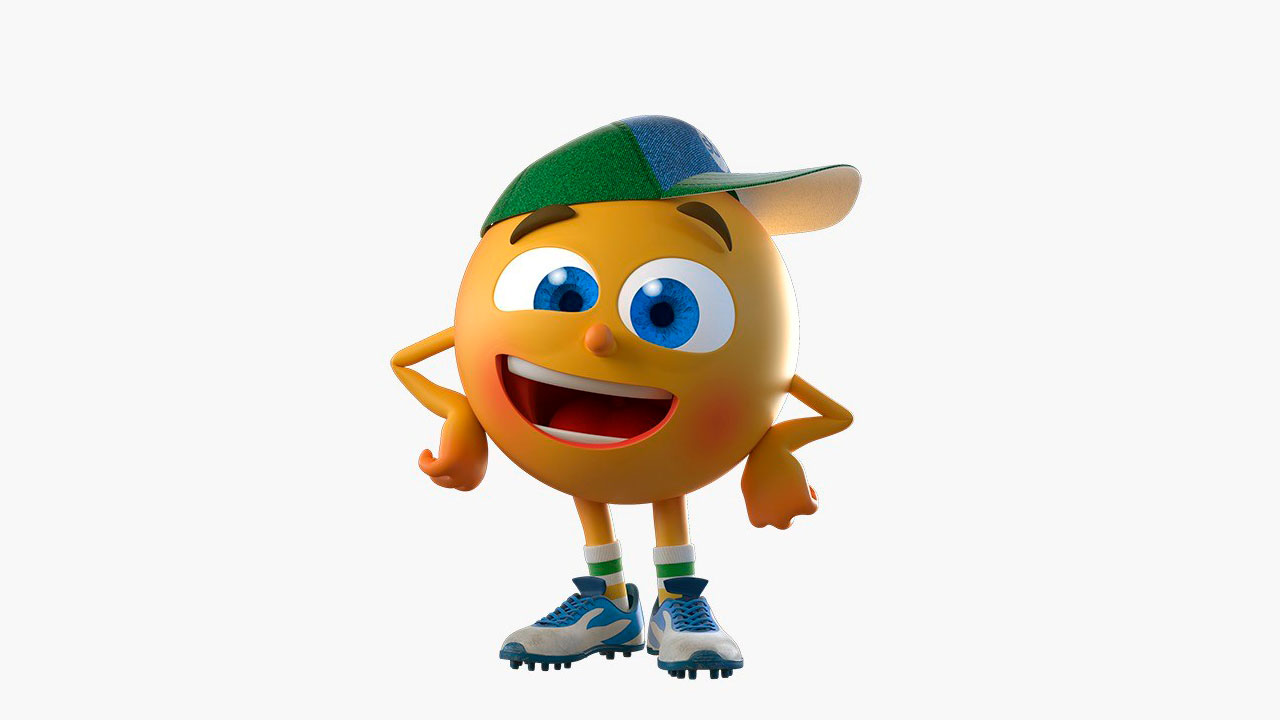 Mascote Amarelinho do SBT usa boné colorido e chuteiras em imagem promocional com fundo branco