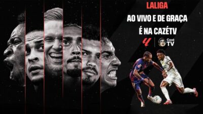 Arte promocional da LaLiga na CazéTV com jogadores de futebol e anúncio de transmissão gratuita ao vivo