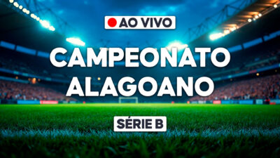 Arte promocional do Campeonato Alagoano - Série B com estádio de futebol iluminado, gramado em destaque e aviso de transmissão ao vivo no topo da imagem