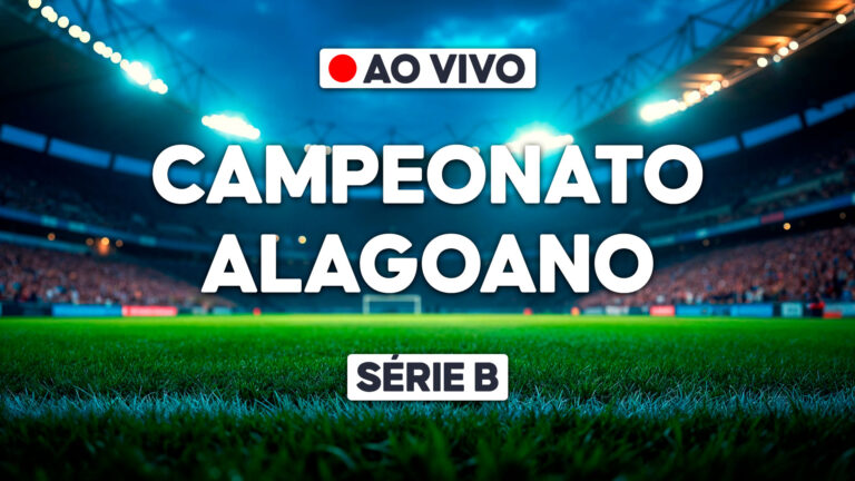 Arte promocional do Campeonato Alagoano - Série B com estádio de futebol iluminado, gramado em destaque e aviso de transmissão ao vivo no topo da imagem
