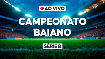 Arte promocional do Campeonato Baiano - Série B com estádio de futebol iluminado, gramado em destaque e aviso de transmissão ao vivo no topo da imagem