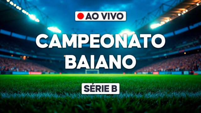 Arte promocional do Campeonato Baiano - Série B com estádio de futebol iluminado, gramado em destaque e aviso de transmissão ao vivo no topo da imagem