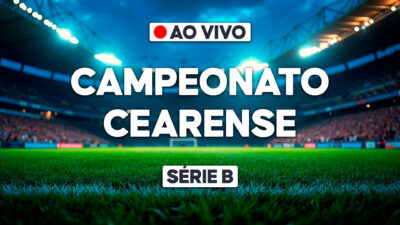 Arte promocional do Campeonato Cearense - Série B com estádio de futebol iluminado, gramado em destaque e selo de transmissão ao vivo no topo da imagem