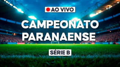 Arte promocional do Campeonato Paranaense - Série B com estádio de futebol iluminado, gramado em primeiro plano e indicação de transmissão ao vivo no topo da imagem