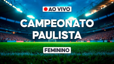 Arte promocional do Campeonato Paulista - Feminino com gramado de estádio iluminado e aviso de transmissão ao vivo