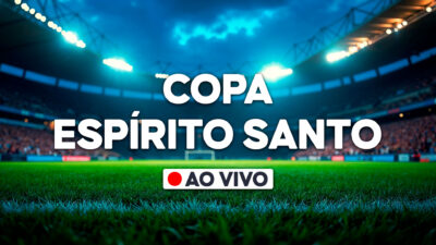 Arte promocional da Copa Espírito Santo com estádio iluminado ao fundo e selo ao vivo sobre gramado de futebol