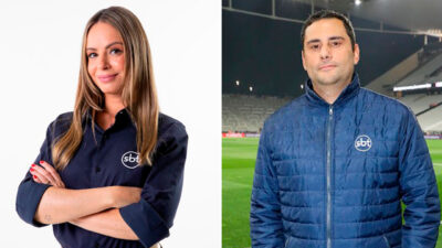 Renata Saporito e André Galvão usam roupas com logotipo do SBT em montagem promocional da emissora
