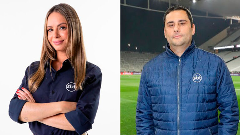 Renata Saporito e André Galvão usam roupas com logotipo do SBT em montagem promocional da emissora