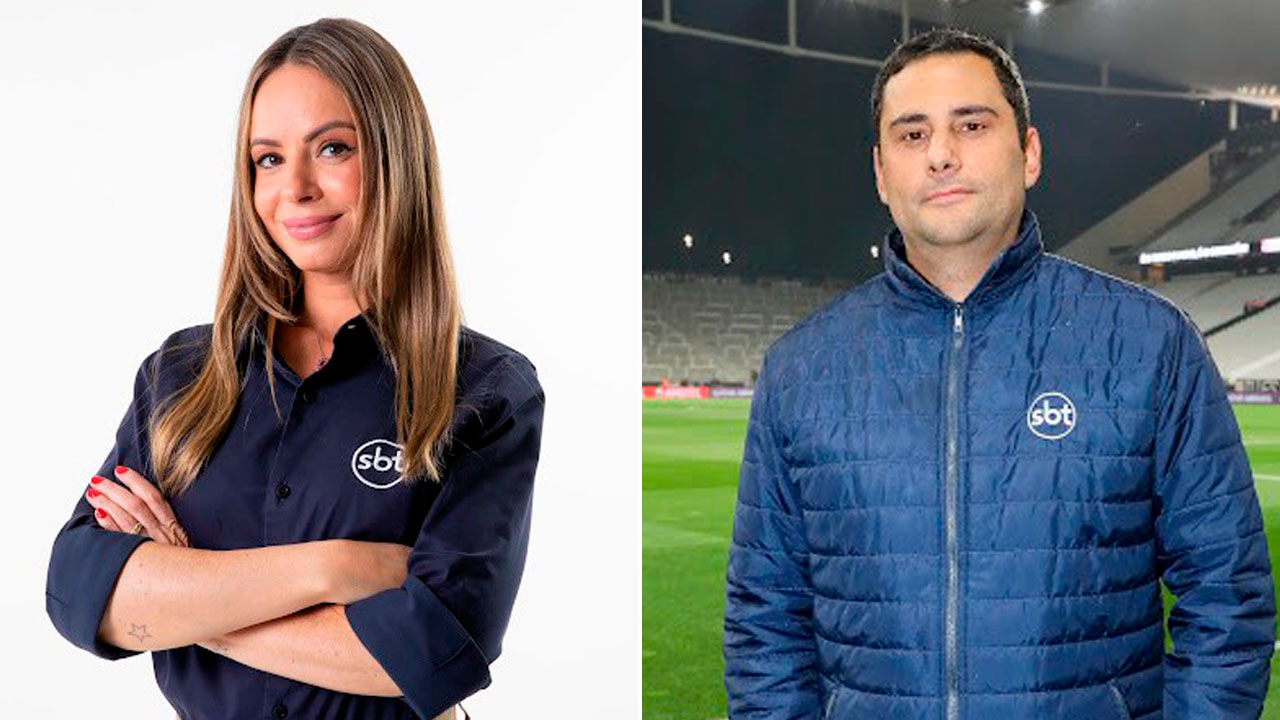 Renata Saporito e André Galvão usam roupas com logotipo do SBT em montagem promocional da emissora