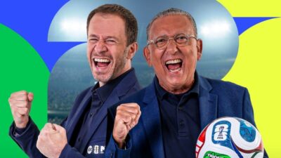Tiago Leifert e Galvão Bueno comemoram em imagem promocional da Copa do Mundo de 2026 no SBT
