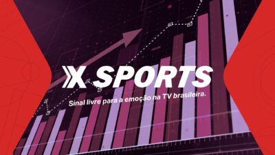 Logotipo da Xsports sobre gráfico de barras e linha ascendente com slogan sobre emoção na TV brasileira