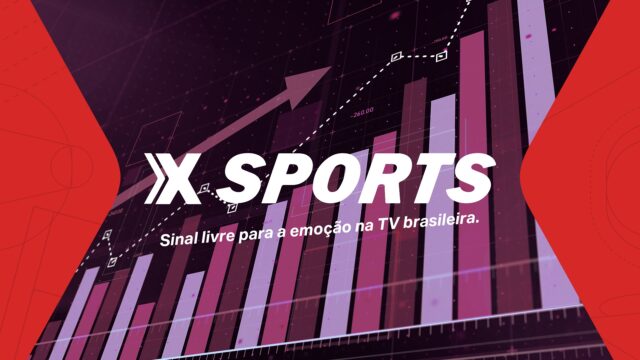 Logotipo da Xsports sobre gráfico de barras e linha ascendente com slogan sobre emoção na TV brasileira