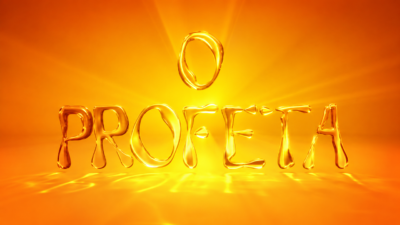 Logotipo da novela O Profeta em letras douradas com efeito líquido sobre fundo laranja com feixes de luz ao centro