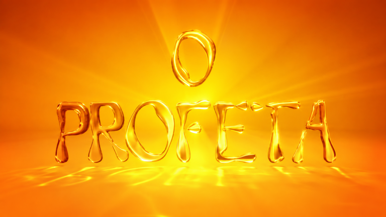 Logotipo da novela O Profeta em letras douradas com efeito líquido sobre fundo laranja com feixes de luz ao centro