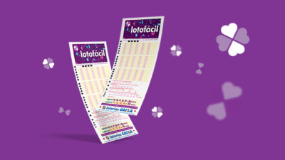Volantes da Lotofácil sobre fundo roxo com símbolos das Loterias Caixa em ilustração promocional